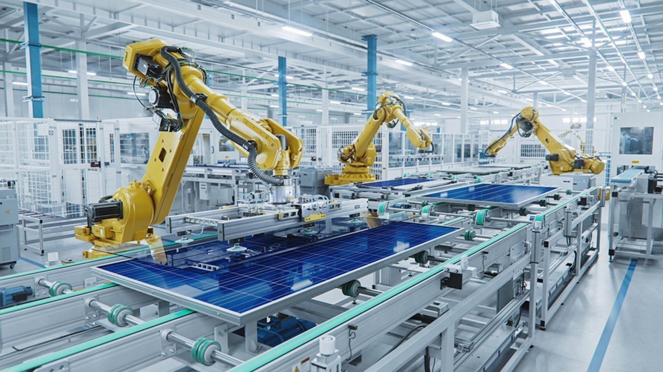 A factory with robots working on the assembly line.